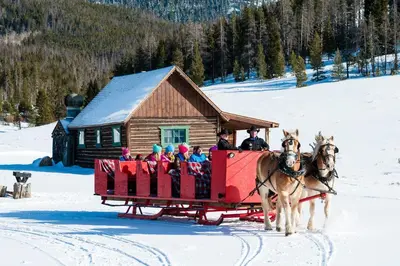 a group of people riding on a horse drawn sleigh at Updated 2Br Plus Loft Condo on Shuttle Route! Sleeps 8 & Kids Ski Free condo in Montezuma