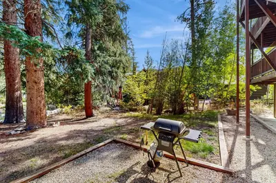 a grill in the middle of a yard with trees at On the Rapids in Grand Lake