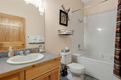 a bathroom with a sink and a toilet and a tub at Bugle Pointe A13 by Estes Park Condos in Estes Park