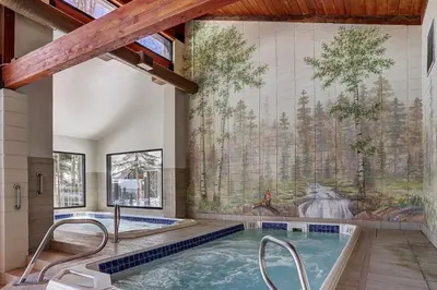 a bathroom with a jacuzzi tub and a wall mural at 2151 The Pines condo in Keystone