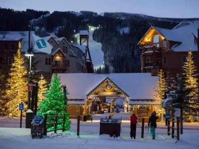 a group of people standing in the snow in front of a lodge at Dakota Lodge 2 Bedroom Condo In River Run Village in Keystone