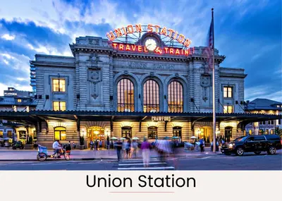 a building with a sign that reads union station at Denver guesthouse w patio near Schafer Park in Denver