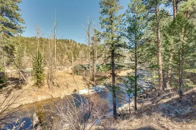 a river in a forest with trees and a creek at Private Hot Tub and Fishing On-Site Cabin in Drake in Drake