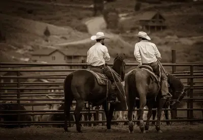 two men riding on horses in front of a fence at Base Camp One 410,0018 in Granby