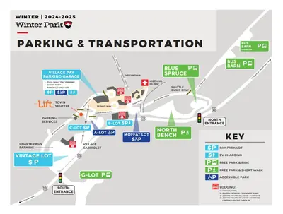 a map of the winter park parking and transportation at Founders Pointe 4473 Ski In Ski Out Winter Park Resort in Winter Park