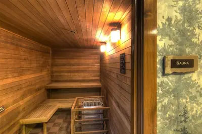 a sauna with a sign that says sunk at Timbers 3080 in Keystone
