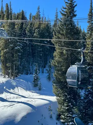 a ski lift in the snow with snow covered trees at Chateaux DuMont 2710 by SummitCove Lodging in Keystone