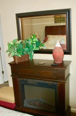 a dresser with a mirror and two plants on it at Denver Blue Bear Den 3BR 2BA & Spa in Denver