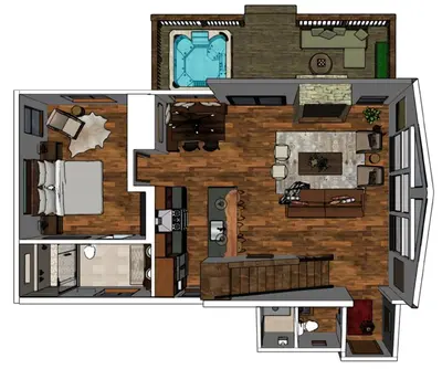 a floor plan of a house with at Blissful Mountain Getaway – Steps to Lake Estes, Indoor/Outdoor Fireplace in Estes Park