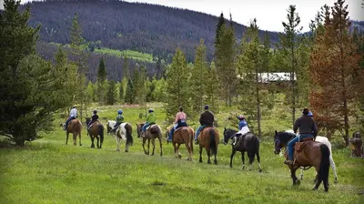 a group of people riding horses in a field at Fly Rod Inn – Two Large Patios, Jacuzzi and Indoor/Outdoor Fireplace in Estes Park