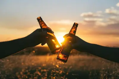 two people holding beer bottles in front of the sunset at Ultimate Chill Zone, BBQ, Bikes, Pet Friendly!! in Fort Collins