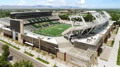an aerial view of a football stadium with a football field at Outstanding Home, Incredible Views, Near Reservoir in Fort Collins