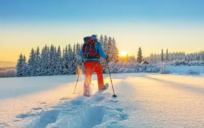 a person is cross country skiing in the snow at Rocky Mountain Gem! Two Large patios, Fireplace and Private Jacuzzi in Estes Park